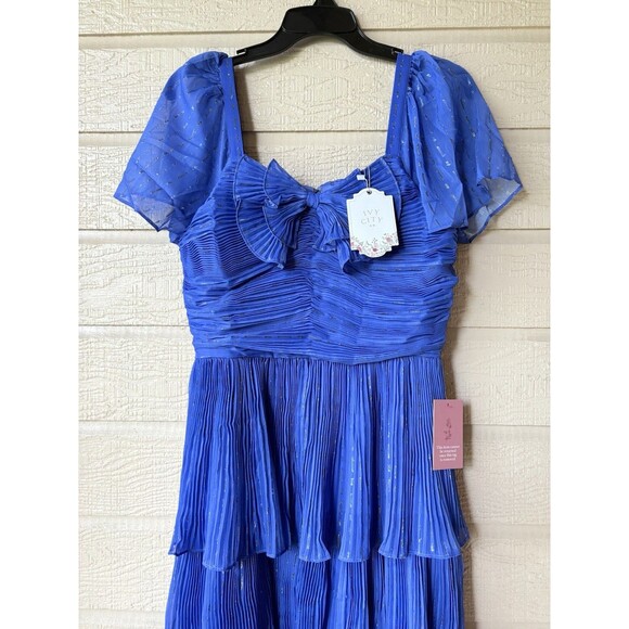 IVY CITY CO. womens Cecily Midi Dress size 2 Cobalt Blue Sparkly Tier Pleated - Picture 8 of 11